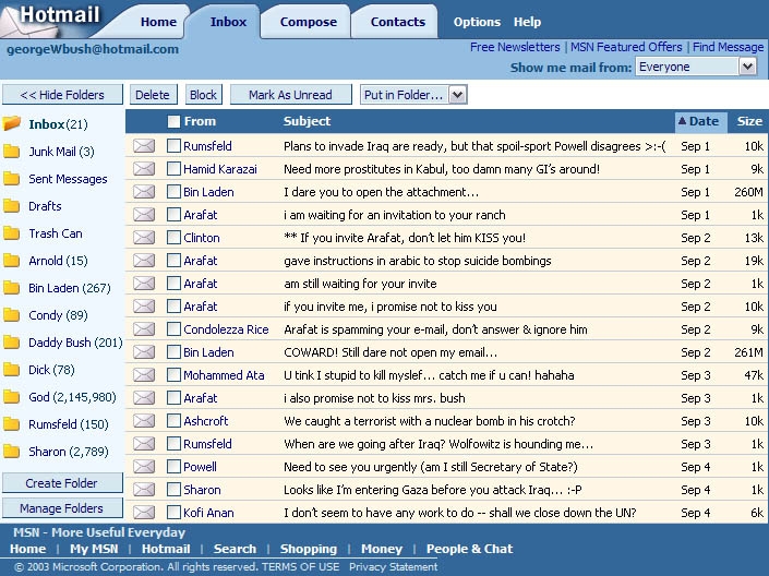 Hotmail Inbox of George W Bush, joke